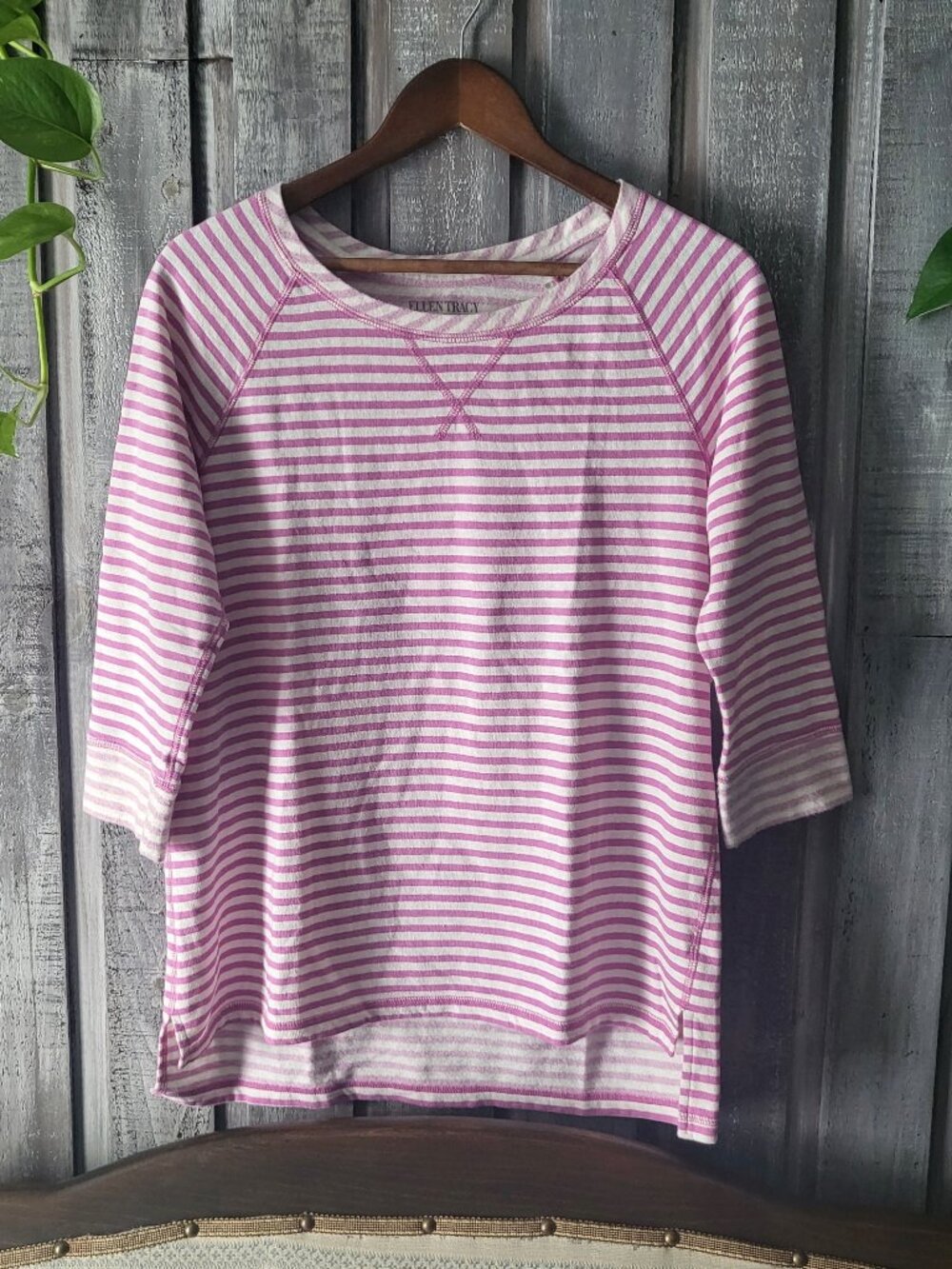 Ellen Tracy Striped Pullover Crewneck T-Shirt Pink White